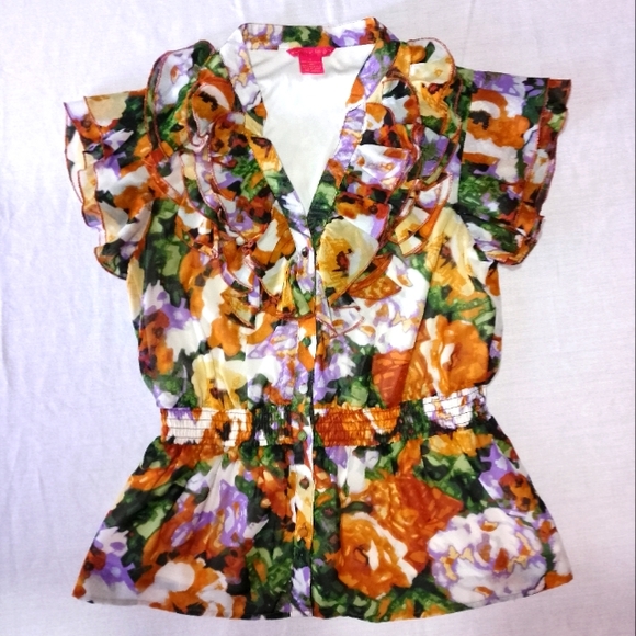 Sunny Leigh Ruffle Short Sleeve Shirt Button Front Floral Print Elastic Waist - Picture 1 of 6